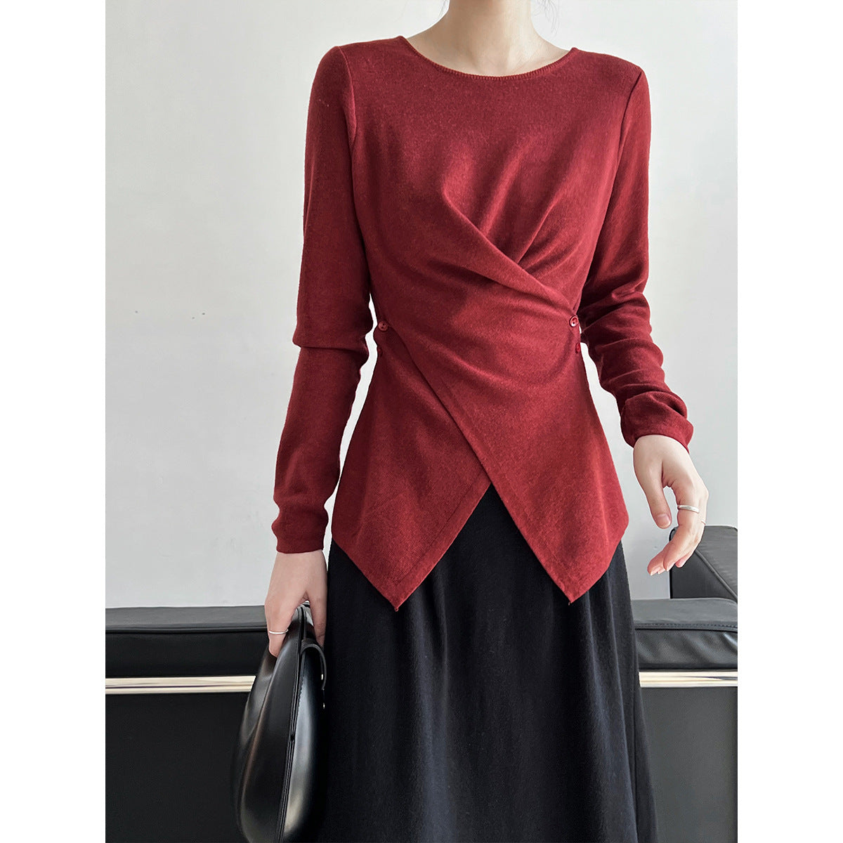 Korean wear early autumn top irregular hem cross waist bottoming knitted sweater women's sweater