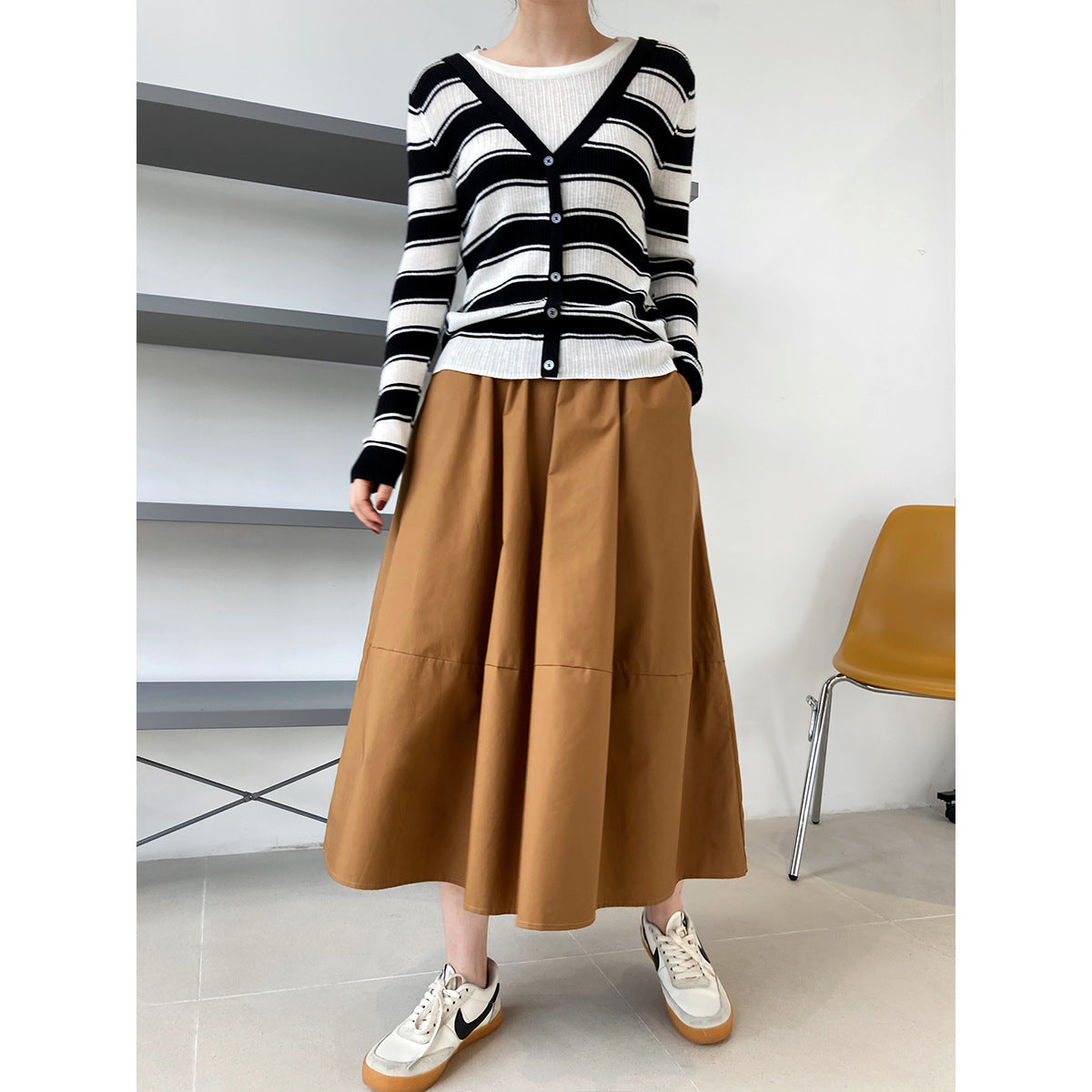 Autumn high waist thin fluffy a-shaped skirt skirt elastic waist medium and long swinging umbrella skirt