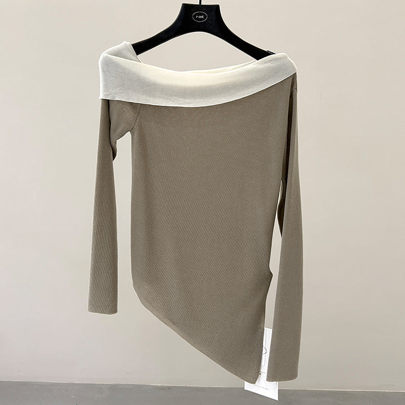 Design contrasting slanted shoulder knitted sweater spring irregular lyocell slim top