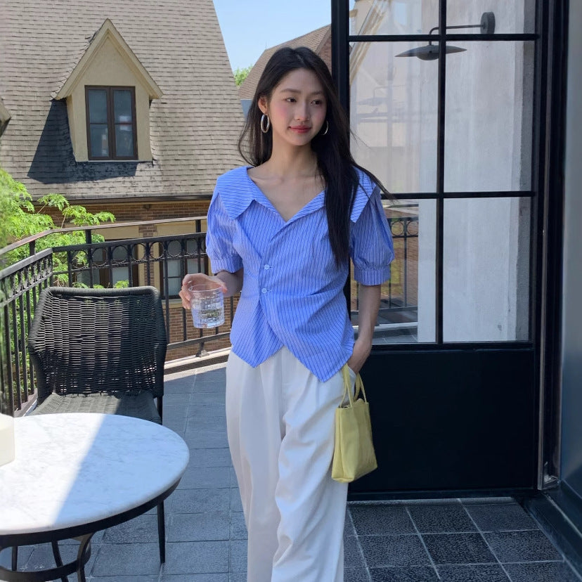 Summer French temperament lapel irregular diagonal buckle waist thin shirt