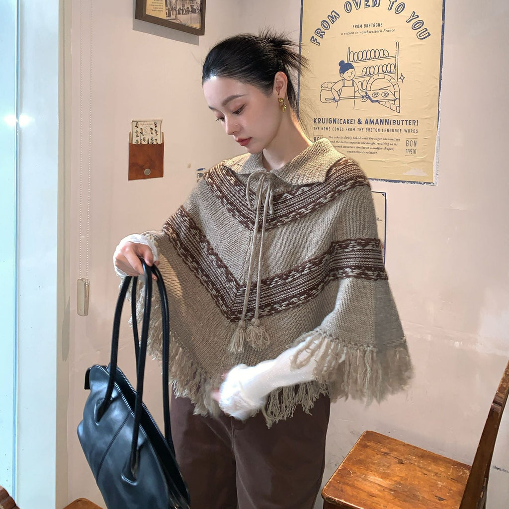 Literary retro fringed shawl sweater short jacket