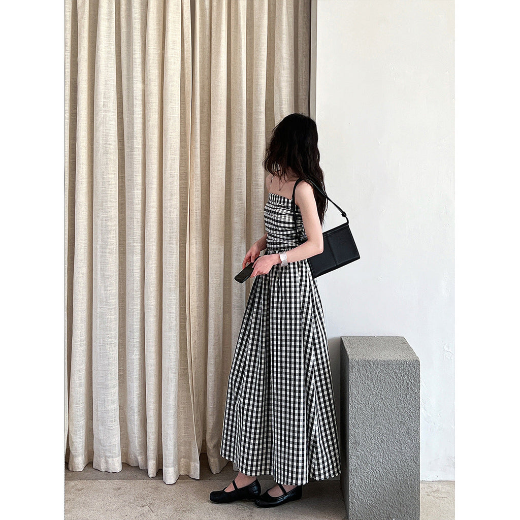 French high-end plaid tube top suspender dress women's spring off-the-shoulder pleated waist a-word long dress