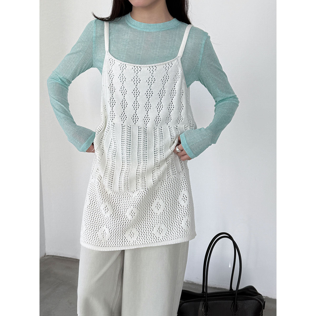 Korean hollow suspender knitted vest skirt women's spring new stacked A-shaped skirt blouse