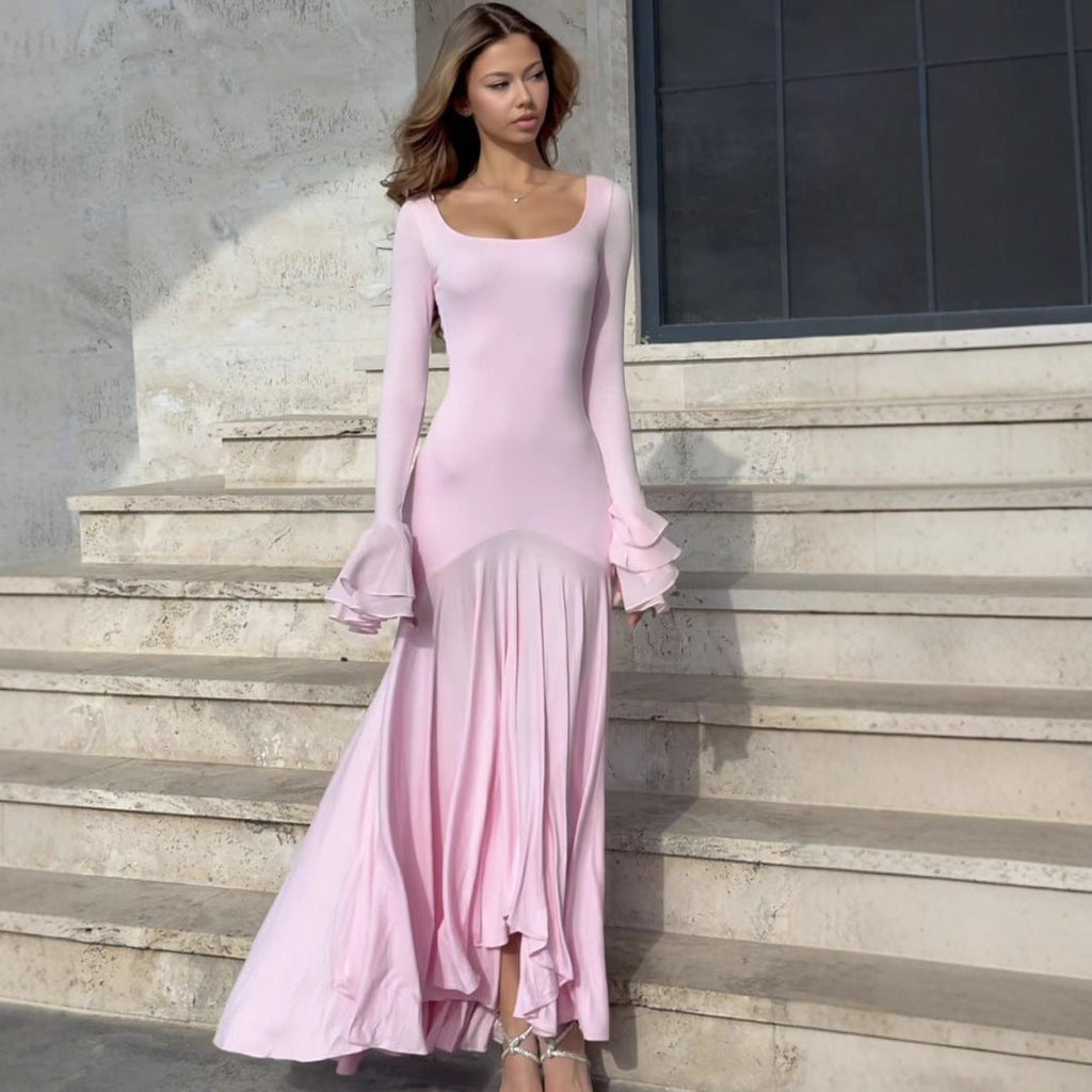Fashion stitching irregular flared sleeve dress slim fit sexy autumn and winter dress