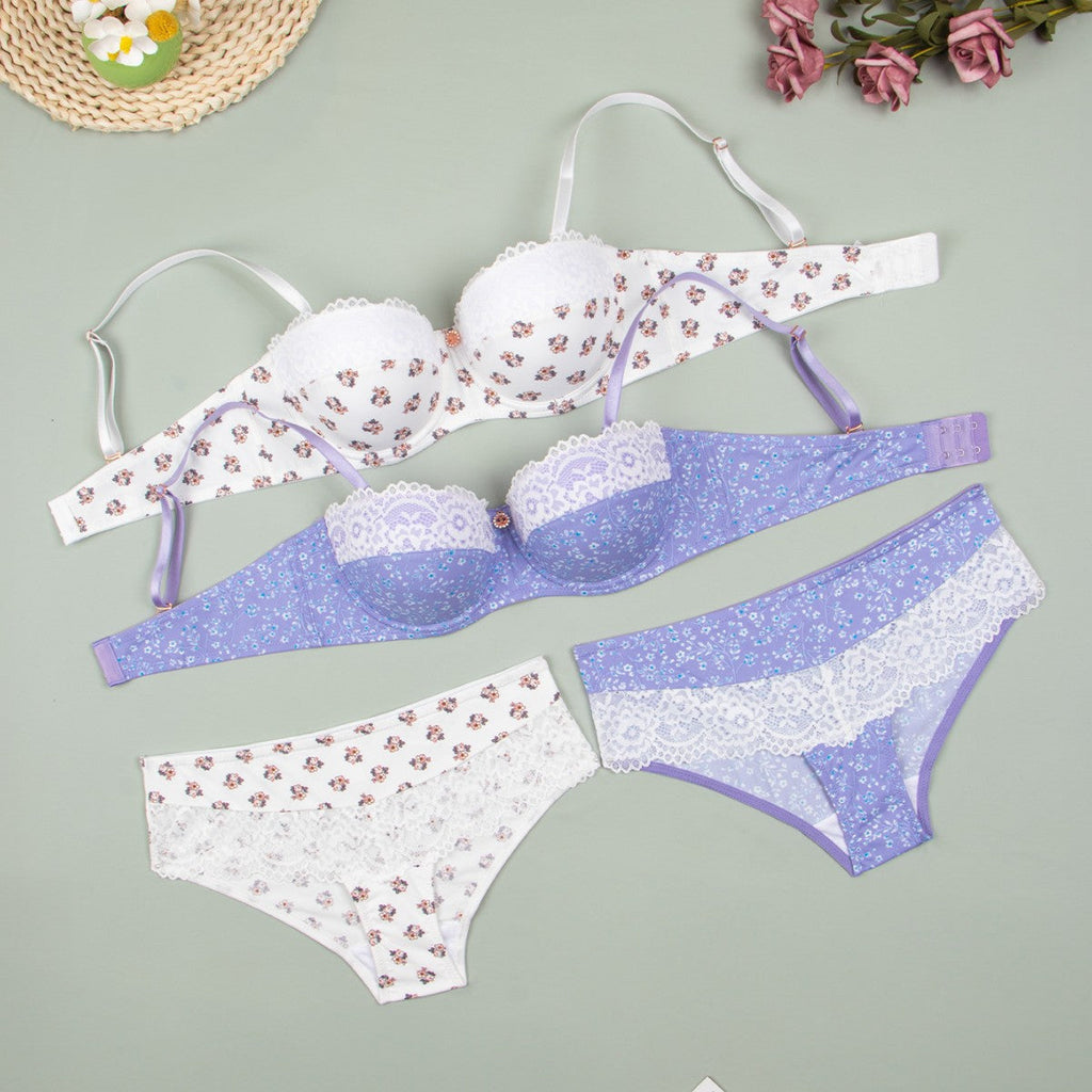 Sexy lace underwear nylon print breathable quick-drying small breasts gather and support women's bra set