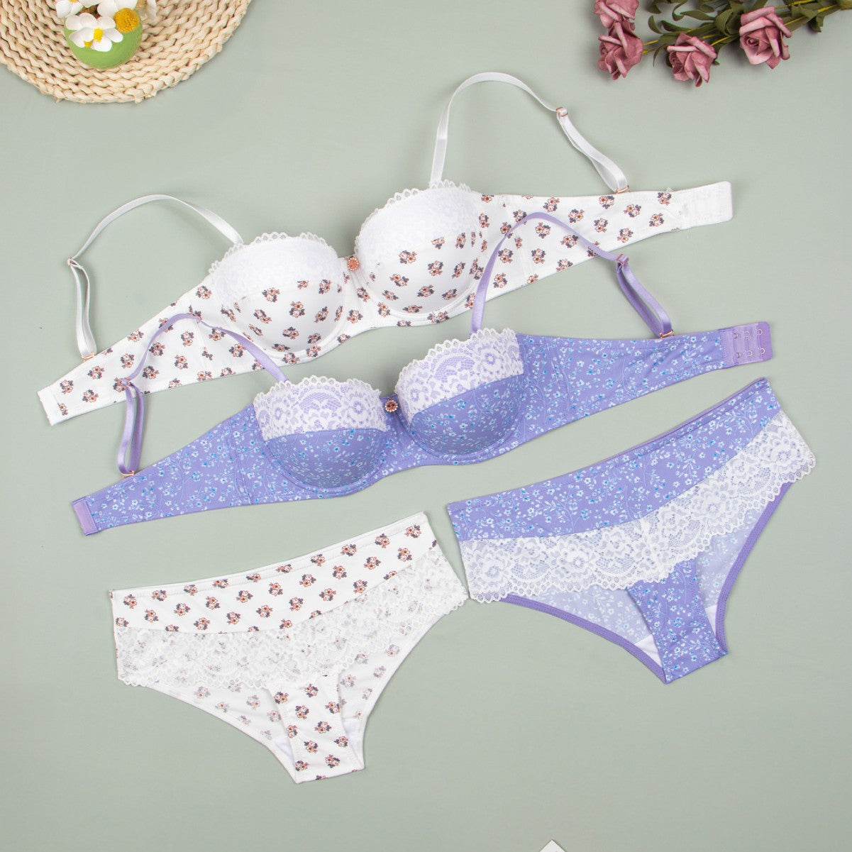 Sexy lace underwear nylon print breathable quick-drying small breasts gather and support women's bra set