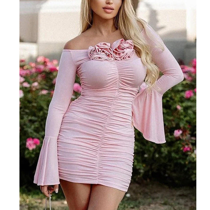 Fashion French Flared Sleeve Tub Top Short Skirt Flower Pleated Tub Top Dress