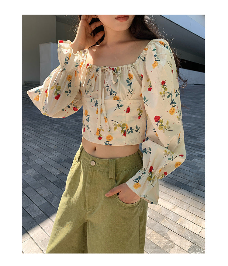 Fashion Slim Flared Sleeve Floral Short Top
