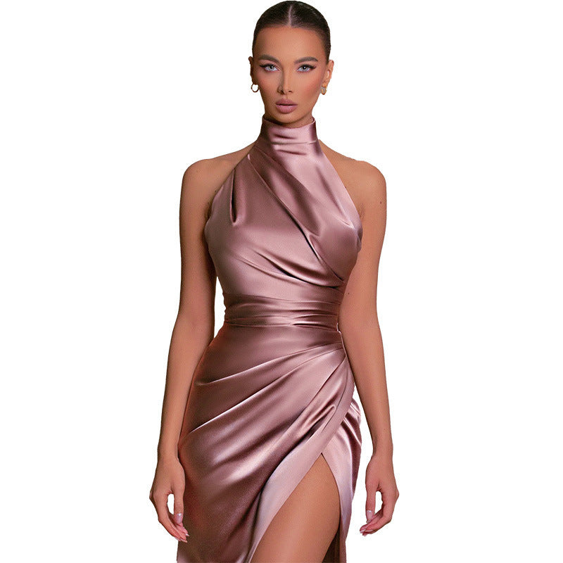 Evening dress dress, temperament split neck sleeveless party pleated dress women