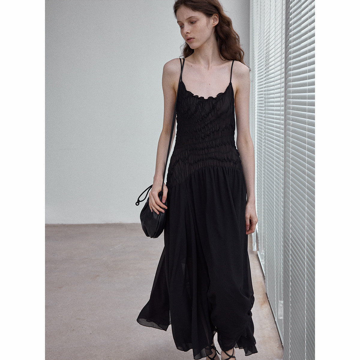 Folded chiffon asymmetric midi skirt atmosphere literary slim elastic suspender dress