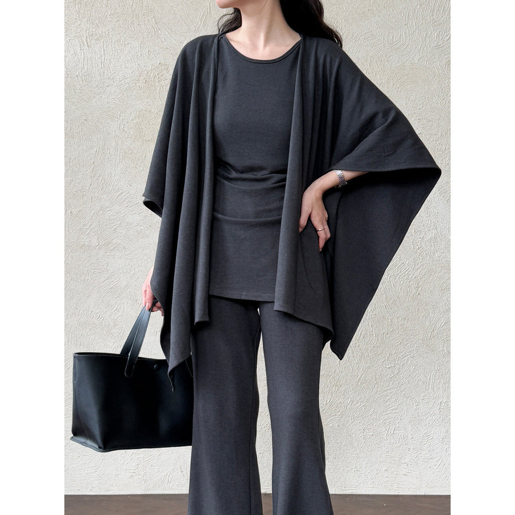 cape shawl + waist sling vest + high waist flared pants women's 25 autumn new three-piece set
