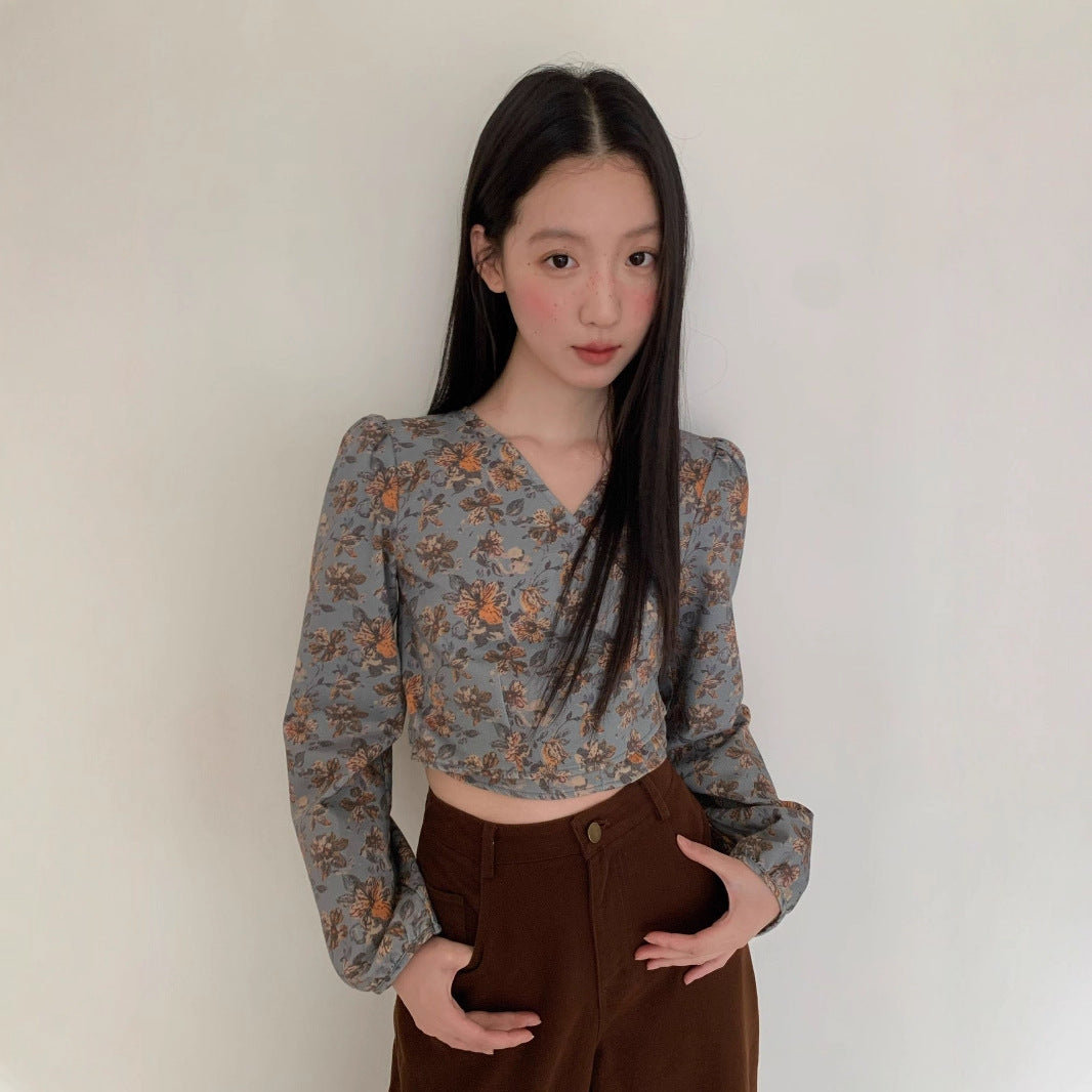 Floral shirt women's long-sleeved slim-fitting v-neck one-piece shirt