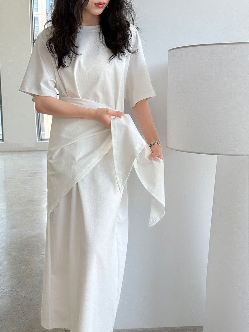Casual simple shawl dress women's summer new lazy wind covering meat and showing thinness T-shirt long skirt