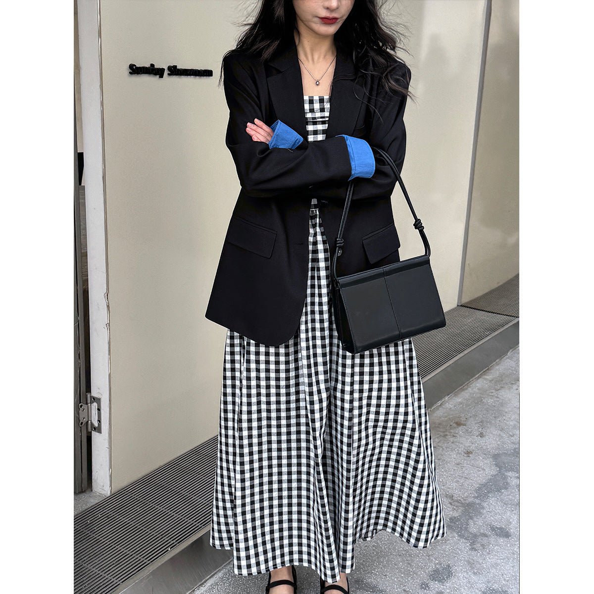 French high-end plaid tube top suspender dress women's spring off-the-shoulder pleated waist a-word long dress