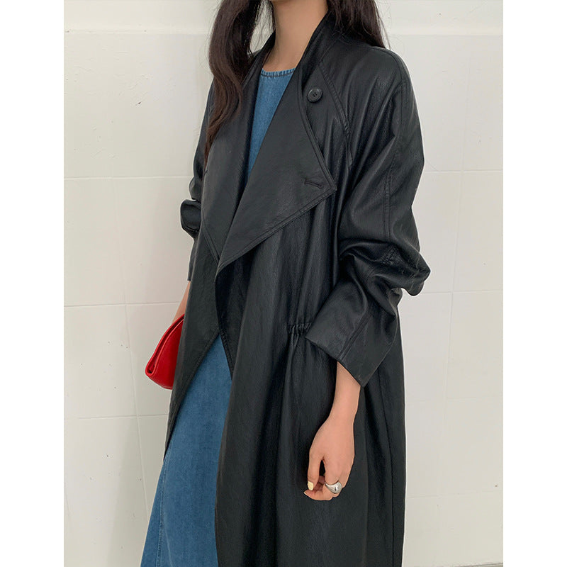 Spring lazy style black stand-up collar long leather trench coat high sense