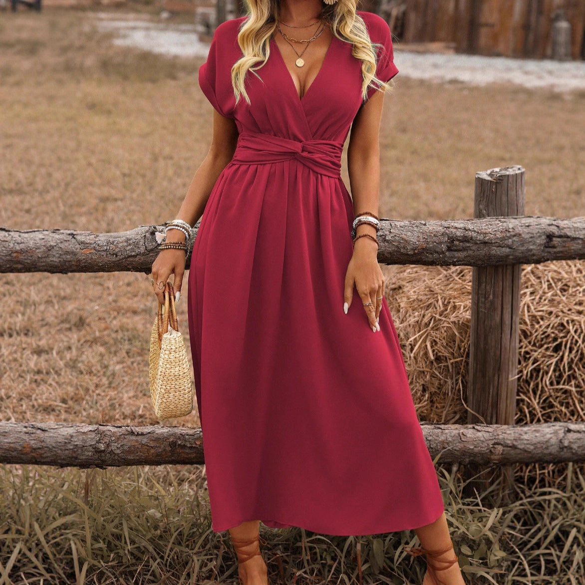 Women's Summer Solid Color Waist V-Neck Bat Sleeve Waist Folds Long Elegant Dress