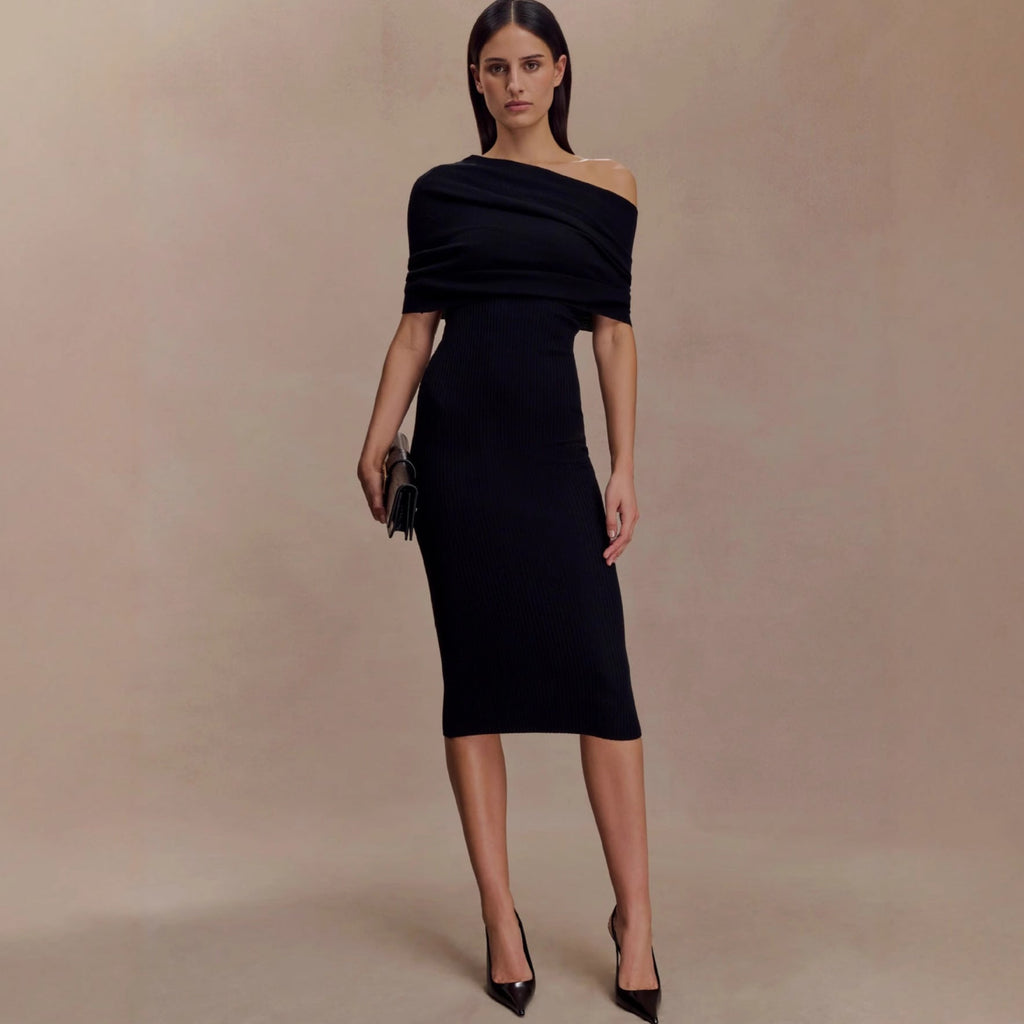 Slim fit solid color one-word shoulder dress