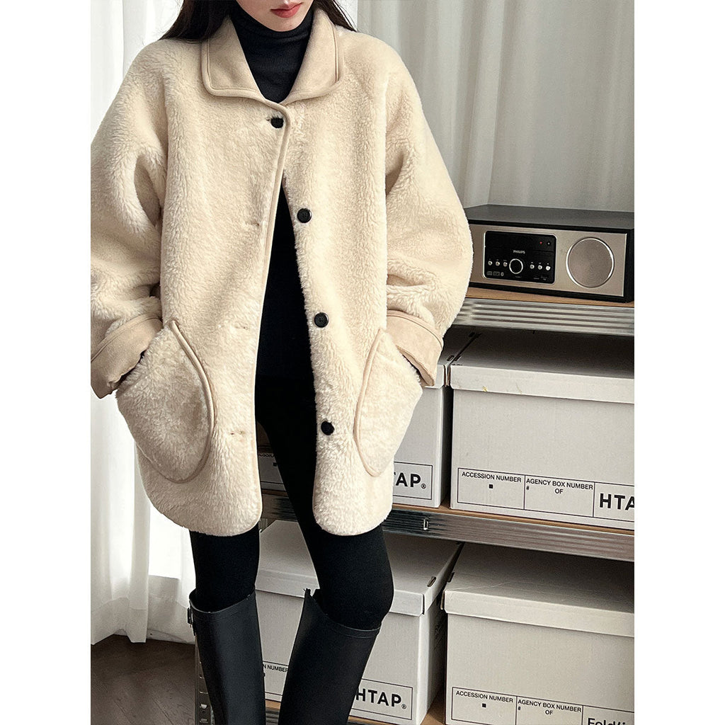 Autumn and winter high-end thickened fur integrated coat women's new lamb wool retro straight coat