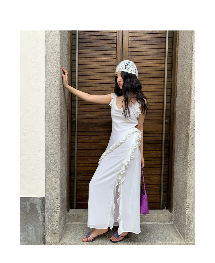 Ruffle Trim U-Neck High Waist Split Maxi Dress