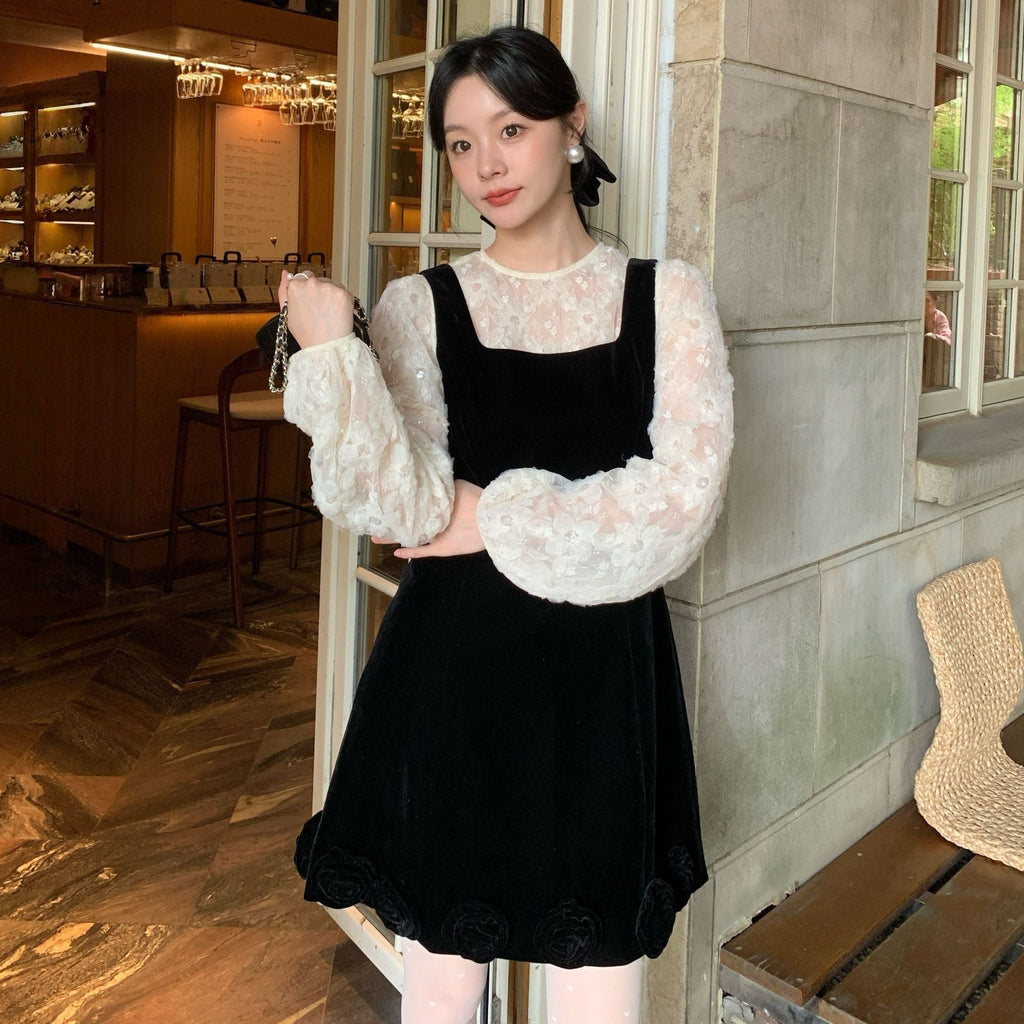 Temperament Velvet Skinny Square Neck Strap Dress