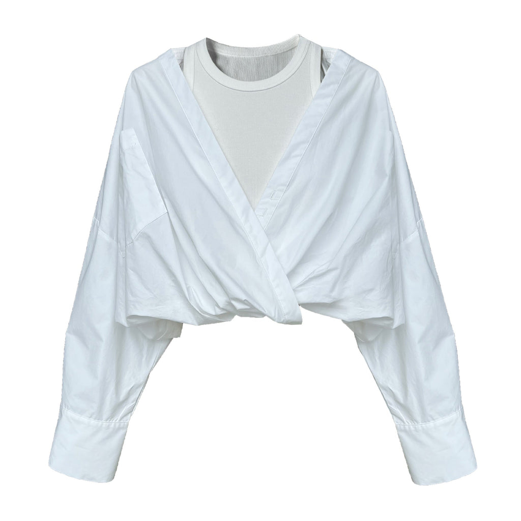 Spring French high-end silhouette commuter off-the-shoulder shirt with knitted vest inside, fake two-piece top women