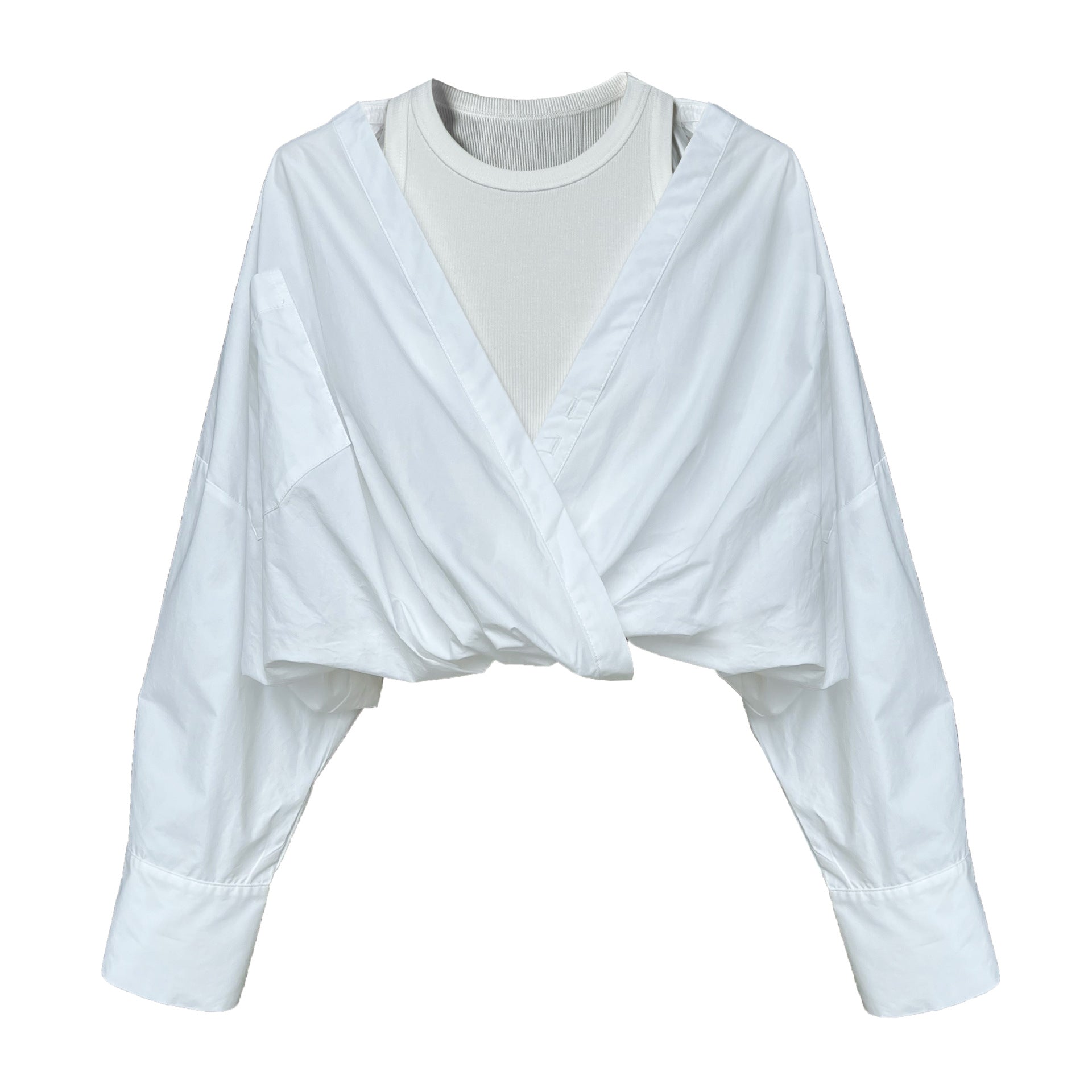 Spring French high-end silhouette commuter off-the-shoulder shirt with knitted vest inside, fake two-piece top women