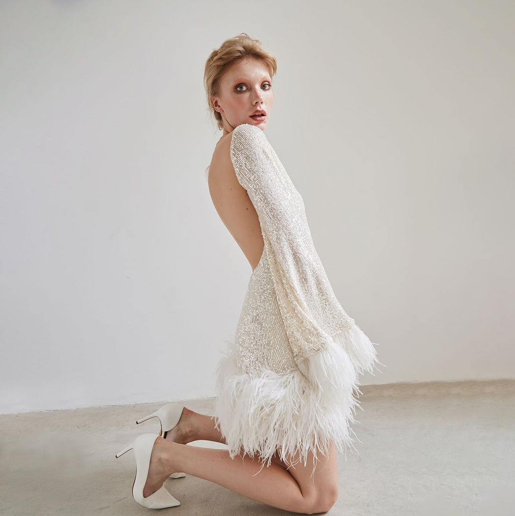 Waist Sexy Short Dress Dress Big Halter Long Sleeve Sequin Feather Dress