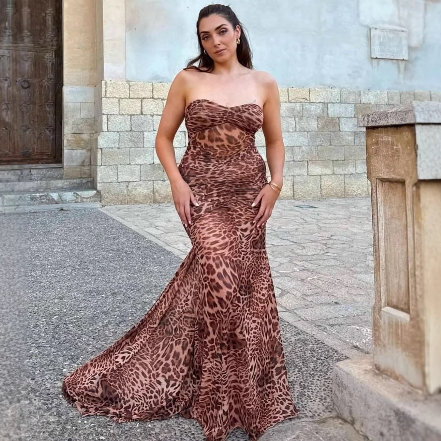 Sexy hottie leopard print tube top dress evening dress slim suspender dress