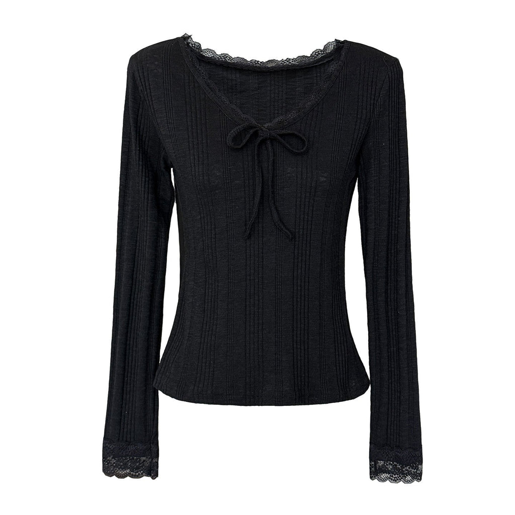 Korean V-neck lace bow long-sleeved T women's early spring new slim-fit bottoming shirt