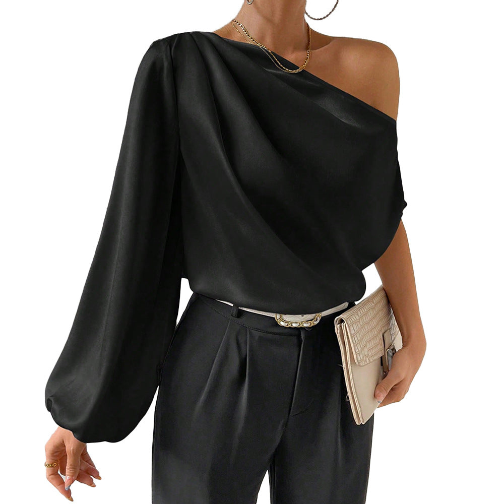 Off-Shoulder Long Sleeve Top Women Loose Fit Diagonal Collar Shirt