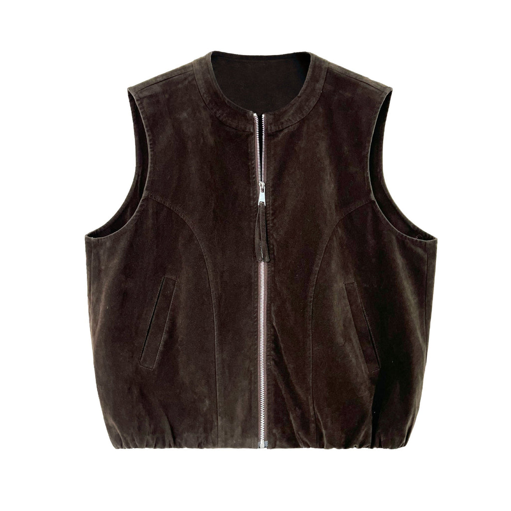 Korean retro suede, round neck sleeveless zipper vest, loose stacking in autumn, casual vest