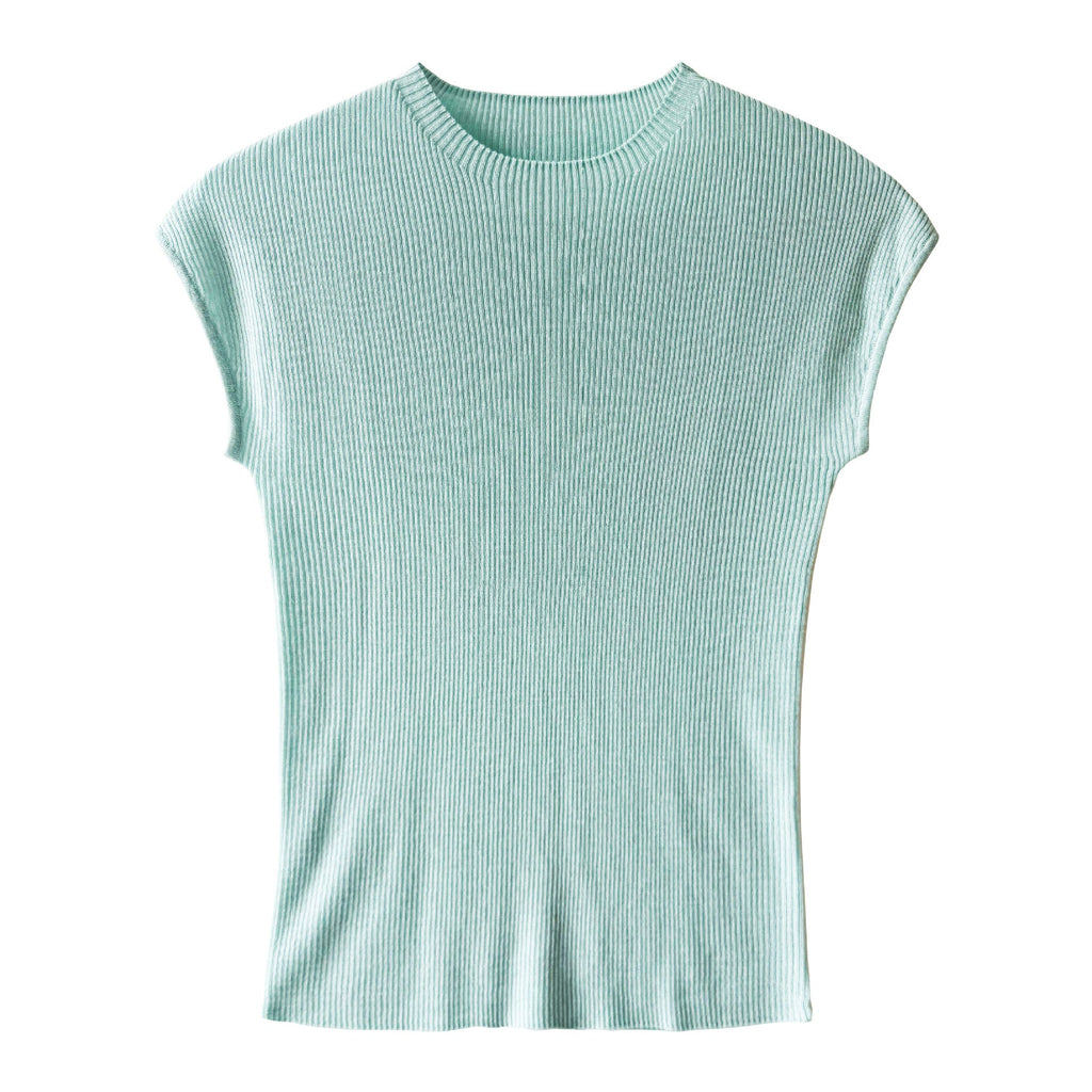 Simple slim temperament flying sleeves wool knitted top women's 26 spring new versatile T-shirt