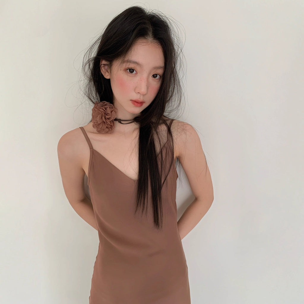 Elegant temperament v-neck satin slim-fit suspender dress