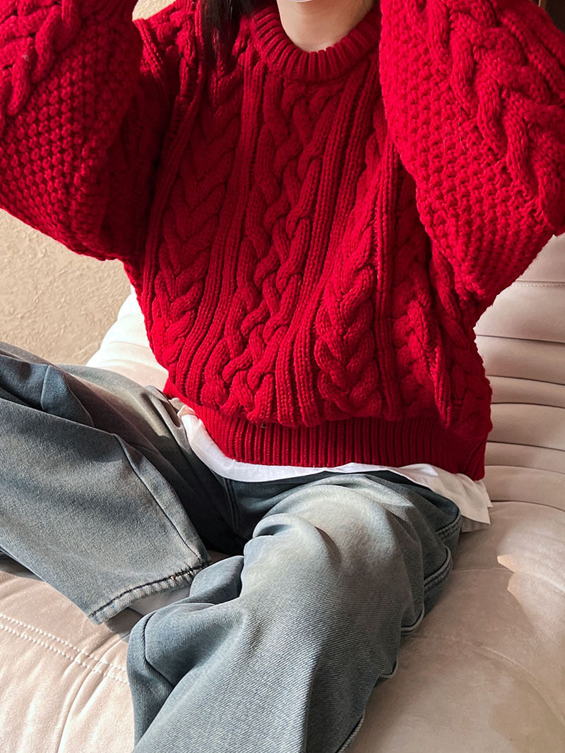 Thickened twist sweater women's autumn and winter new loose lazy Christmas atmosphere red top