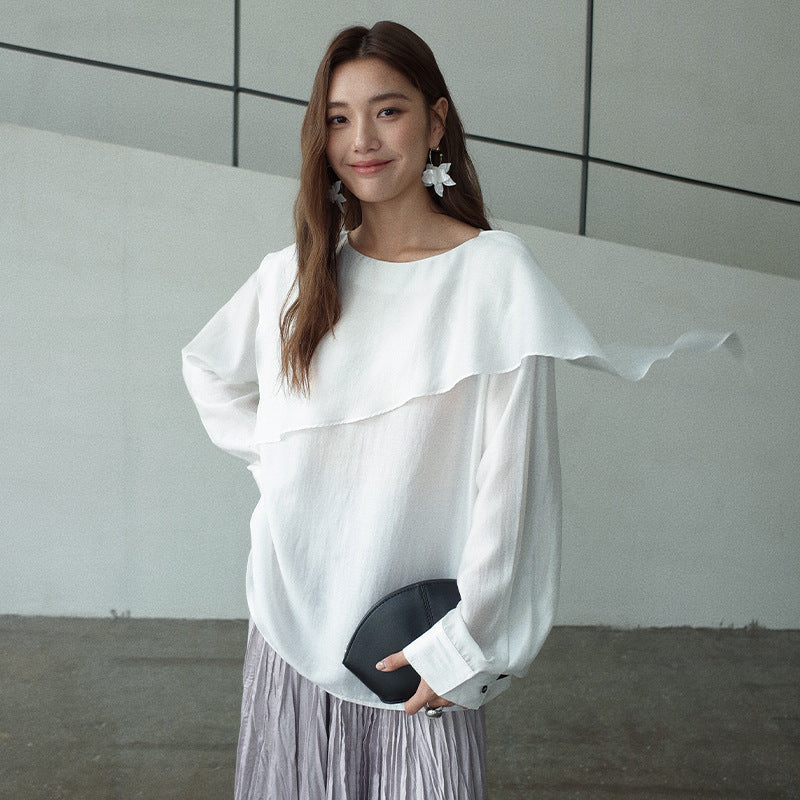 Minimalist spring asymmetrical loose-leaf shape Tencel micro-transparent shirt