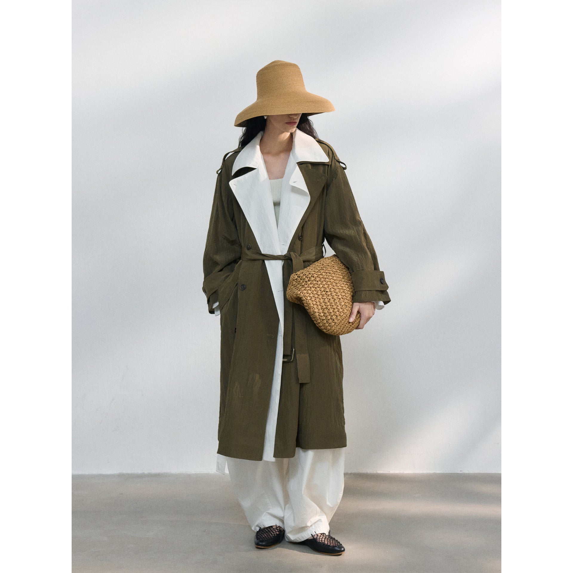 Spring new design double-breasted corner-cut sleeves satin lightweight trench coat
