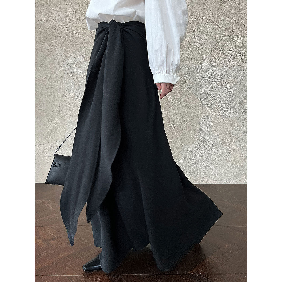 Korean style asymmetrical draped tie-waist midi skirt - new autumn design