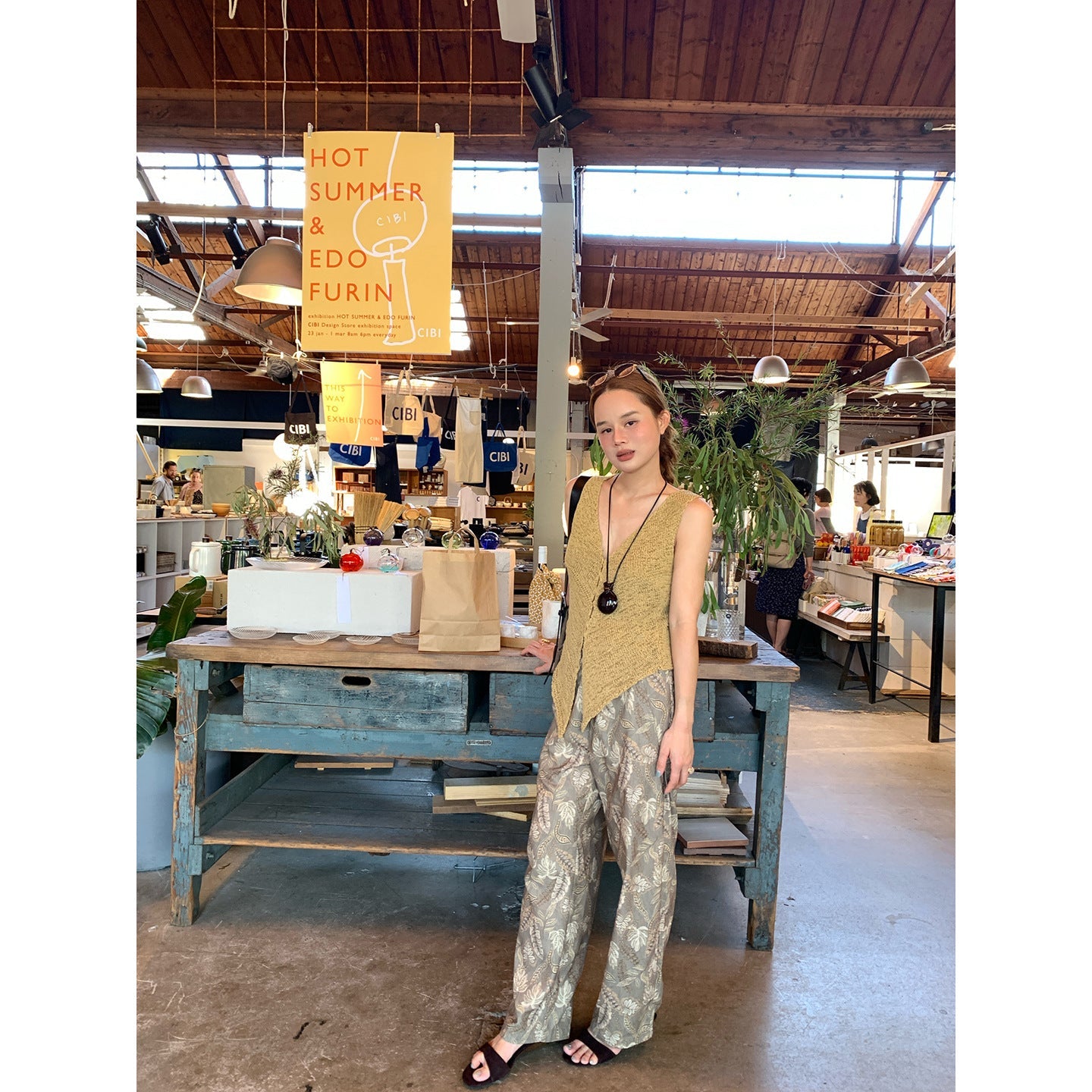 Spring retro elegant extravagant linen printing loose thin straight trousers