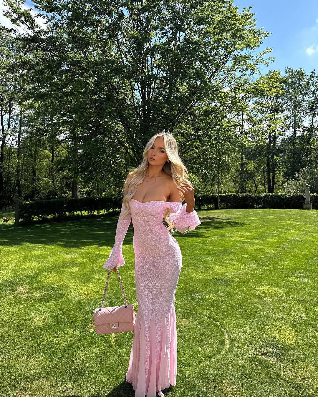 Stylish sexy flared sleeve tube top one-word shoulder dress mesh lace fishtail dress