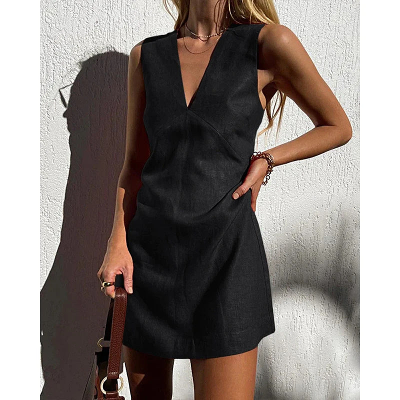 Cotton Linen V-Neck Mini Dress