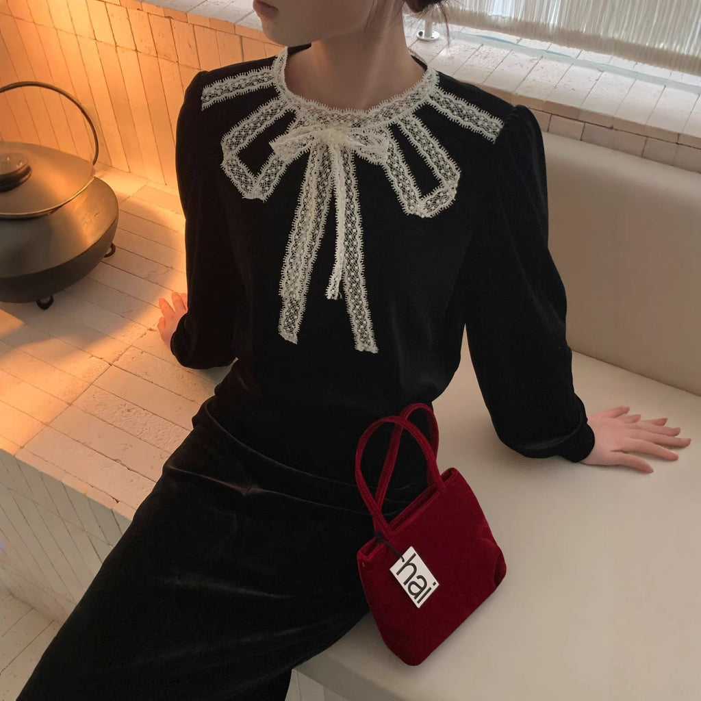 Vintage Lace Design Sense Long Sleeve Crew Neck Velvet Sweater