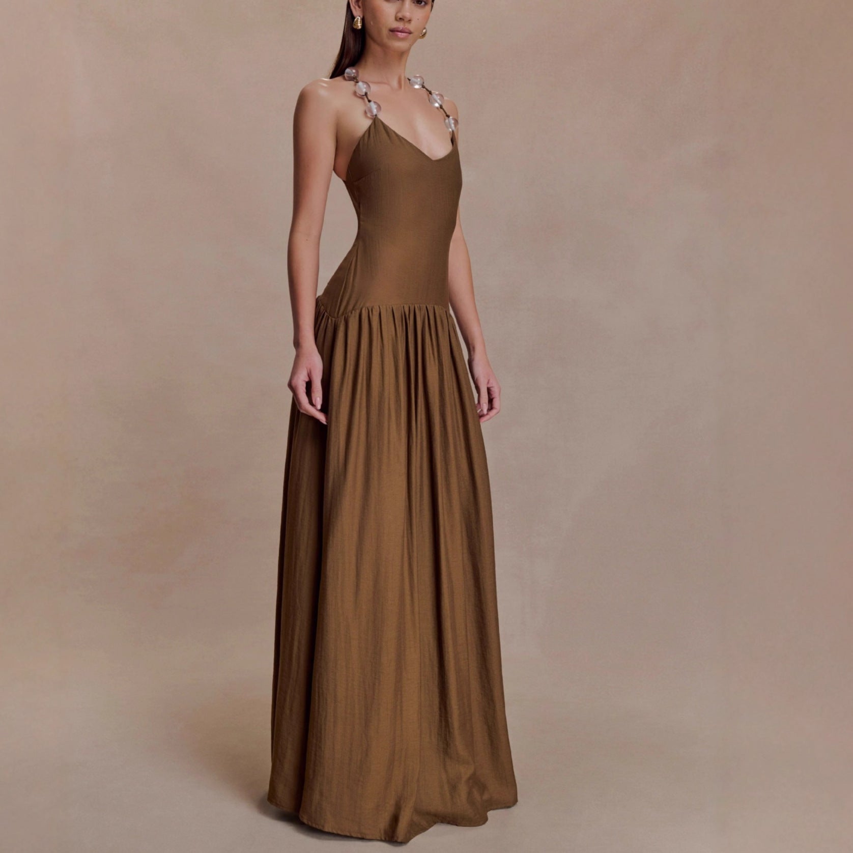 Fashion temperament Elegant V-neck beaded suspender skirt waist backless sexy dress