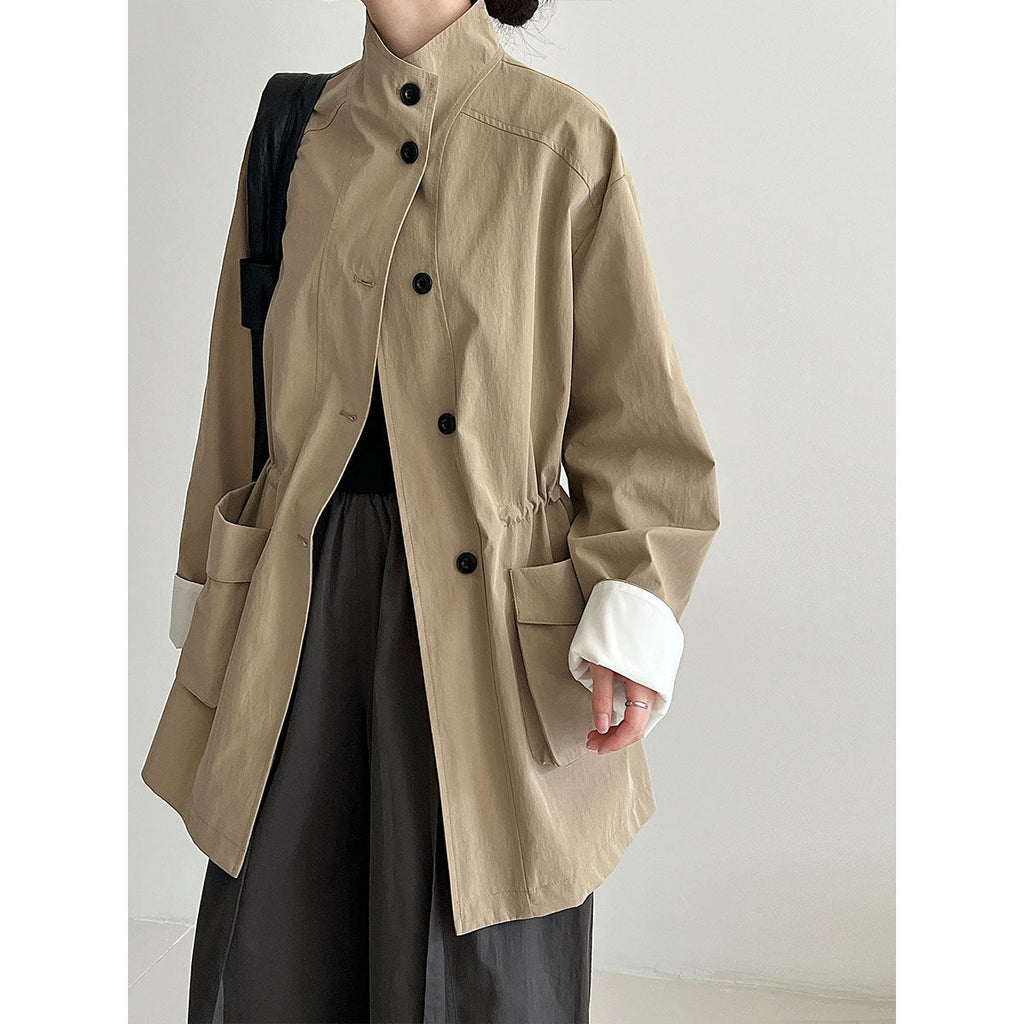 Korean medium and long stand-up collar loose drawstring trench coat women's autumn new big pocket design coat