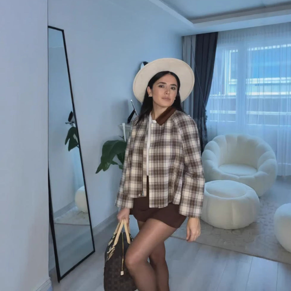 Women's autumn and winter fashion casual plaid top splicing contrasting color retro jacket jacket women