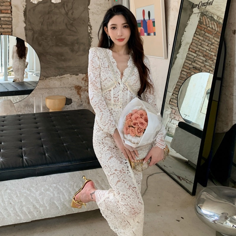 Lace Evening Dress Women V-Neck Long Sleeve High Waist French Style