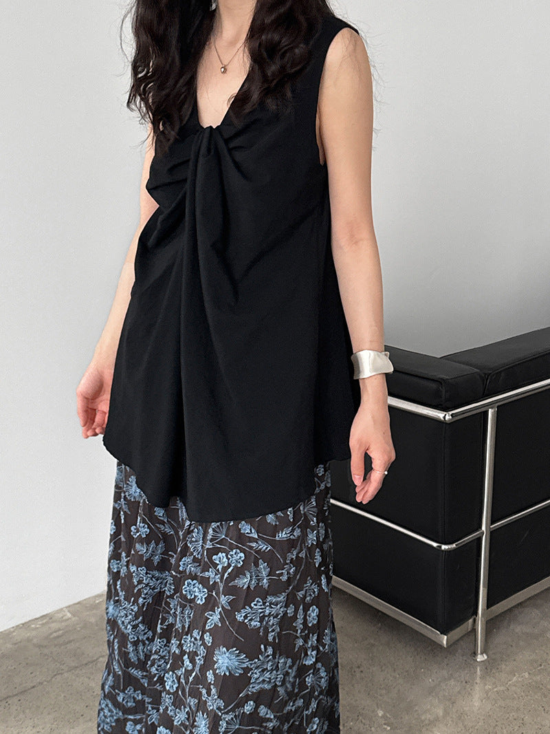 French crew neck design three-dimensional kinked vest top women's summer new loose and thin shirt
