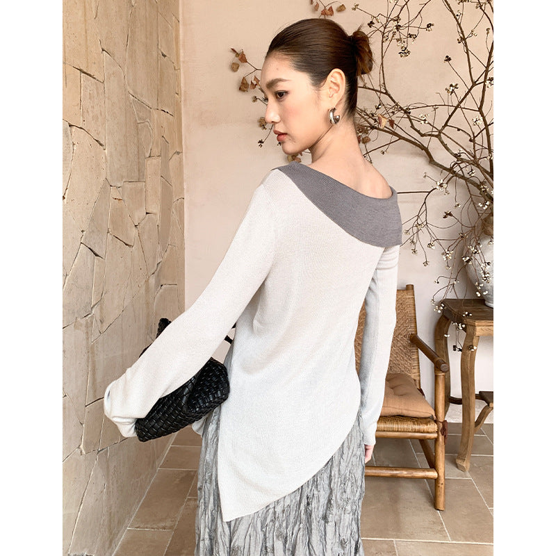Design contrasting slanted shoulder knitted sweater spring irregular lyocell slim top