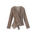 Coffee pleated irregular straps shirt top