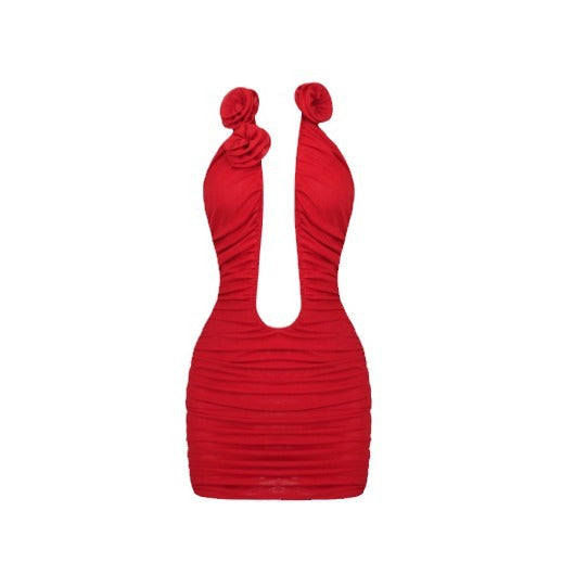 Short Skirt Hollow Three-dimensional Flower Shrinkled Mesh Tube Top Sexy Halter Dress Spice Girl