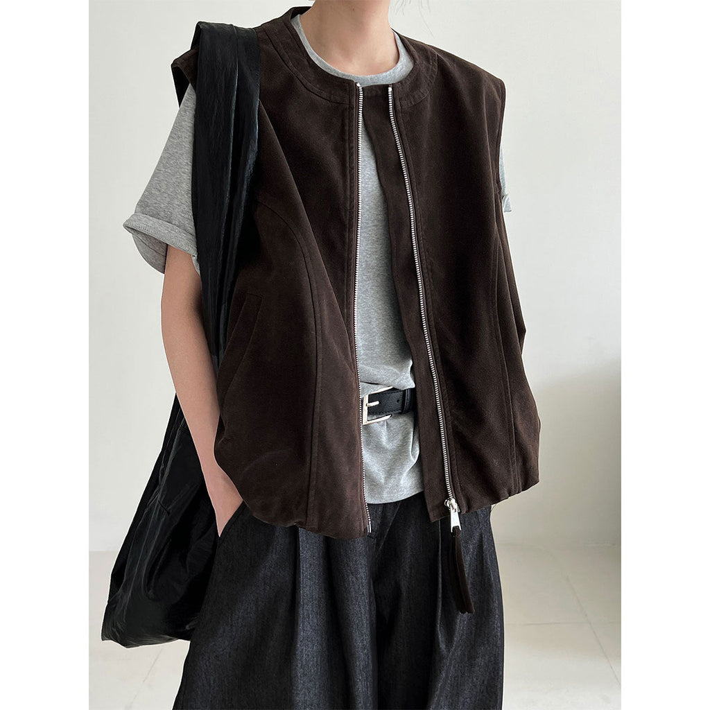 Korean retro suede, round neck sleeveless zipper vest, loose stacking in autumn, casual vest